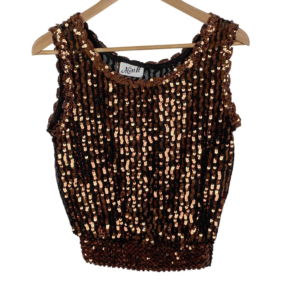Vintage Y2K Sheer Copper Sequin Blouson Top Size S/M Party Disco Glam Going Out